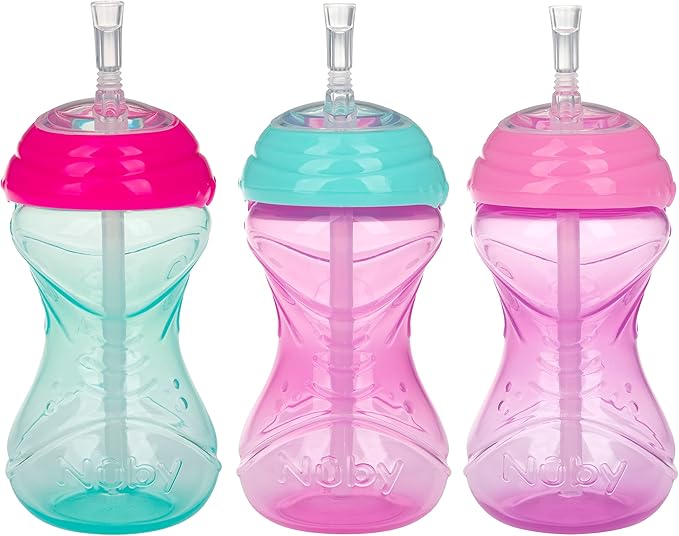 Nuby No-Spill Easy Grip Cup with Flex Straw, Clik It Lock Feature, Girl, 10 Ounce (Pack of 36)