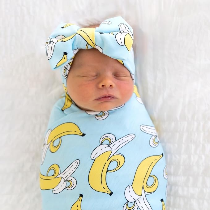 Little Sleepies Swaddle & Headband Bow Set, Viscose from Bamboo Baby Swaddles, Newborn Baby Girl Clothes (Bananas)