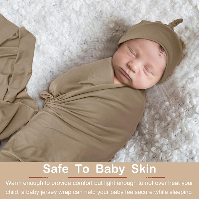 JaGely 2 Pcs Stretchy Baby Swaddle Blankets Set with Hats Extra Soft 47" x 47" Newborn Nursery Swaddle Wrap for Baby Girls and Boys(Apricot, Khaki)
