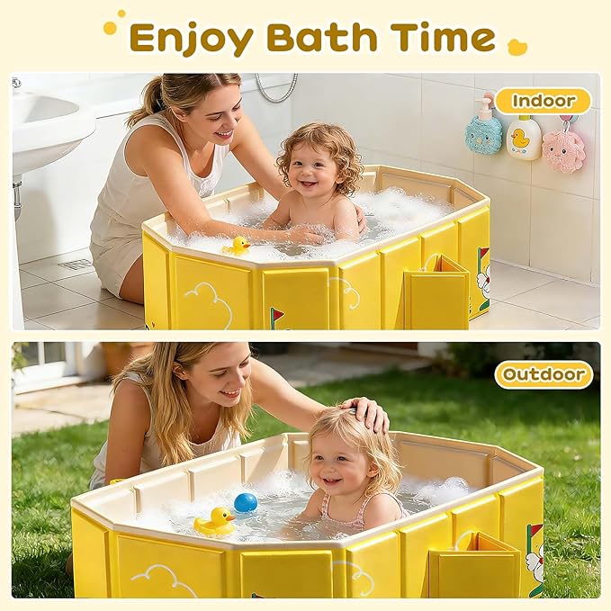Foldable Baby Bathtub with 2 Drain, Collapsible Portable Baby Tub for Newborn & Toddler, Folding Baby Bath Tub, Small Water Play Pool for Travel & Home, 12M-5Y