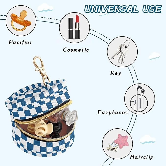 Checkered Plaid Dark Blue Pattern Pacifier Holder Case with Metal Clip Portable Pacifier Cover for Travel