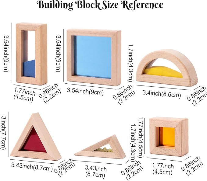 Dinhon 15pcs Baby Building Blocks for 12+ Months - Pine Wood with Sand & Beads, Extra-Large Burr-Free Translucent Rainbow, Toddler Educational Stacking Toys (Multi-Shapes)