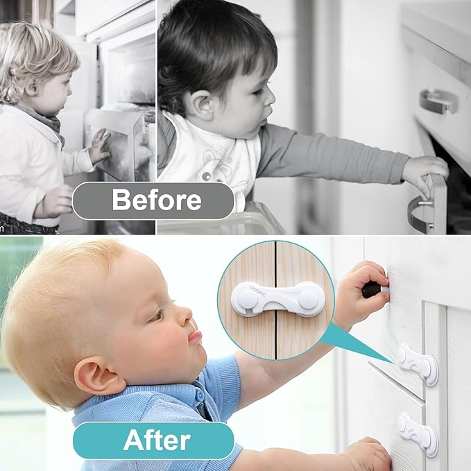 Adoric Cabinet Locks Baby Proofing (4-Pack) - Child Proof Safety Locks for Kitchen Drawers, Closets & Storage - No Drilling, Strong Adhesive Design for Toddler Protection (White)