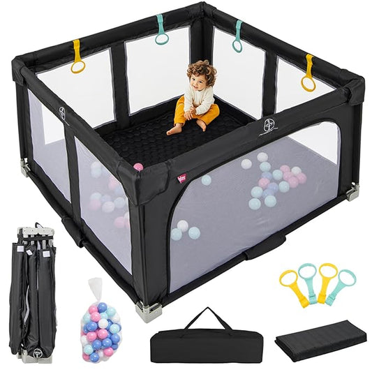 INFANS Foldable Baby Playpen with Mat, 50??x 50??Large Baby Play Yard for Infant with 50 Ocean Balls, 4 Handlers, Carry Bag, Indoor Outdoor Fence Toddler Activity Center (Black, 50??x 50??