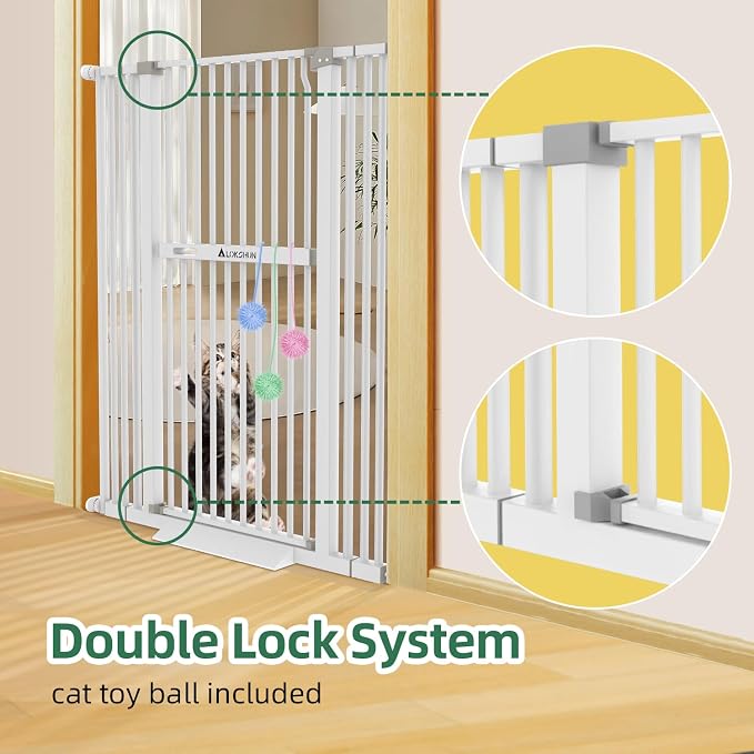 60" Extra Tall Pet Gate, 30-40" Wide, Auto Close, White Metal for Stairs & Doorways, Cat Toy Included