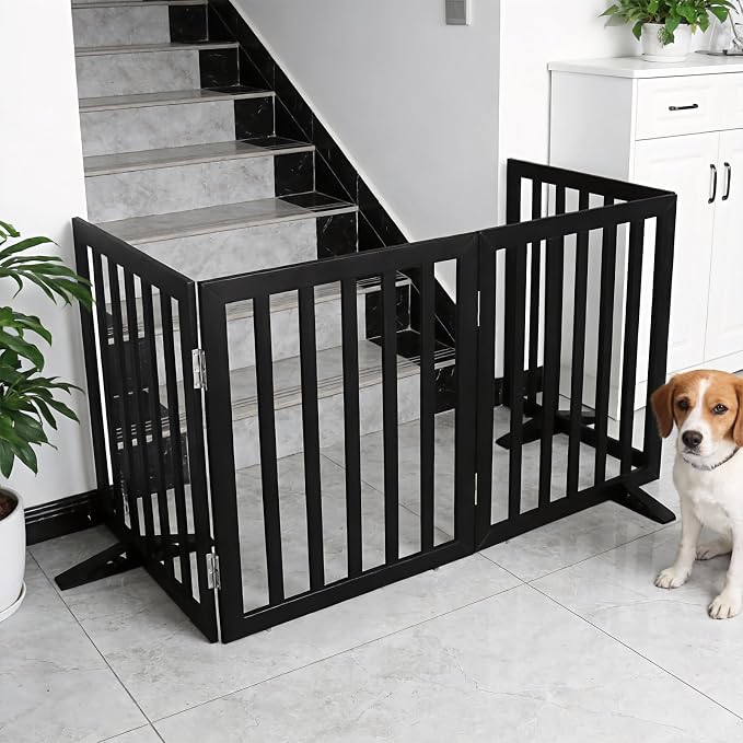 Dog Gate Indoor, Freestanding Dog Fence for The House, Doorways, Hallways,or Stairs,Pet Gate Foldable Wooden,Expandable 32" Height 3 Panels,Black