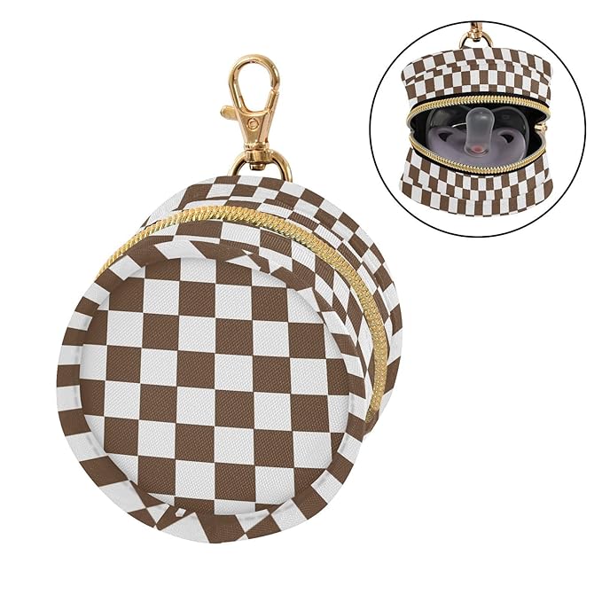 Checkered Plaid Coffee Pattern Pacifier Holder Case with Metal Clip Portable Pacifier Holder for Baby Boys Girls