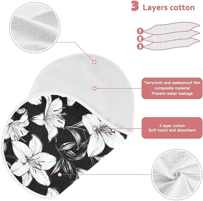 vvfelixl Black White Lily Burp Cloths for Baby Boy Girls Baby Washcloths Burp Rags 1 Pack