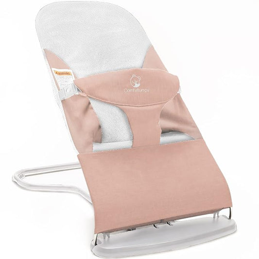 ComfyBumpy Ergonomic Baby Bouncer Seat - Bonus Travel Carry Case - Safe, Portable Bouncing Chair with 3 Adjustable Height Positions - Infant Bouncy Seat Perfect for 8-20lbs Babies (Pink)