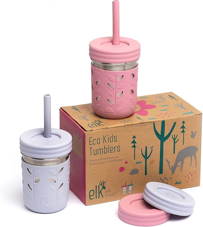Elk and Friends 10oz Stainless Steel Kids + Toddler Drinking Cups | The Original Mason Jar with Sleeves + Lids | Silicone Straws | Smoothies | Storage Jar | Spill Resistant | Dishwasher Safe | 2 Pack