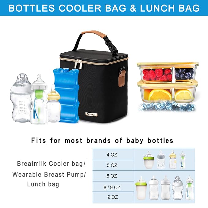Breastmilk Cooler Bag with Ice Pack Fits 6 Baby Bottles Up to 9 Ounce, Baby Bottle Bag with Shoulder Strap for Nursing Mom Daycare, Black