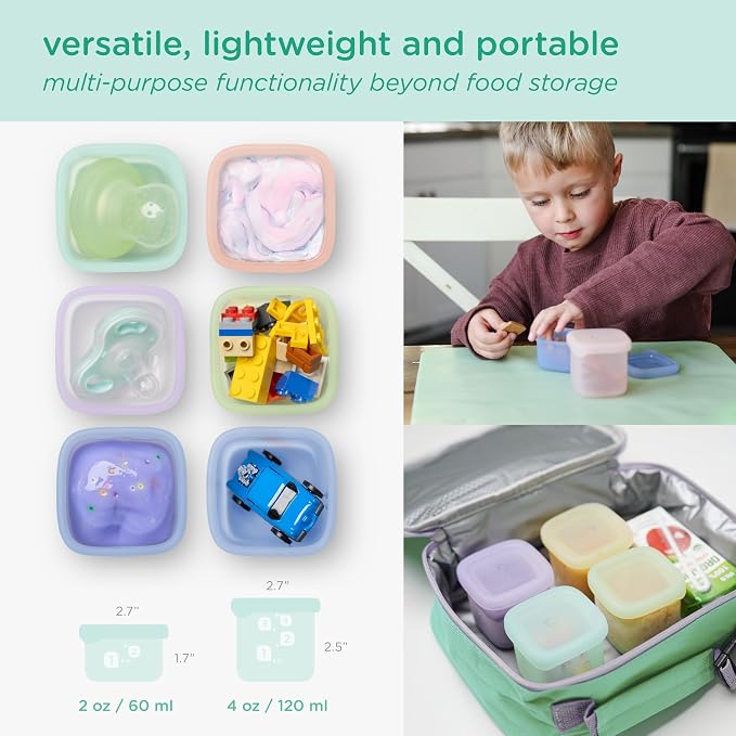 Olababy Training Spoon Set (Coral/Lilac) + Olababy Clear Sense Silicone Storage Containers 4pk (Lilac, 4 oz)