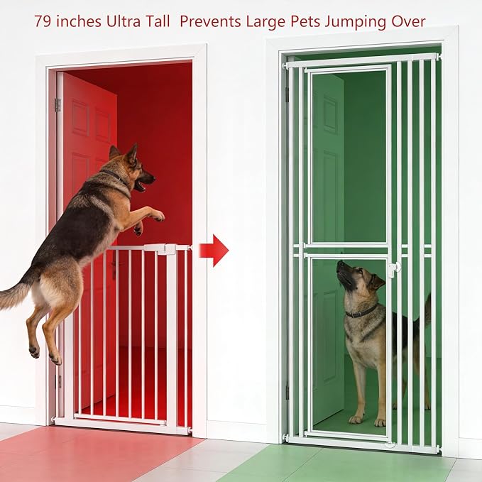 78.74" Extra Tall Cat Gate for Doorway, Wide Adjustable 28"-37" Pet Gate Included 4 Extension Kits,No Drilling Pressure Mounted Transparent Full Door Gate for Stairs, Studio, Kitchen (White)