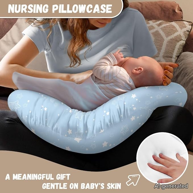 Newborn Pillow Cover for Nursing Replacement Pillow Covers for Boppy Crescent-Shaped Breastfeeding Pillow Soft & Replace Newborn Lounger Cover - Blue Stars