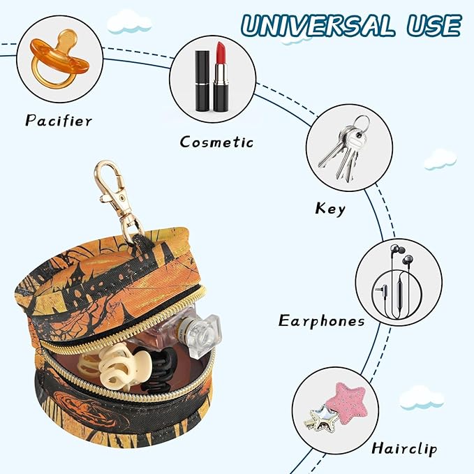 Pacifier Holder with Clip Pacifier Case for Diaper Bag Round Baby Pacifier Pouch Box Bag Portable Orange Witch Castle Halloween