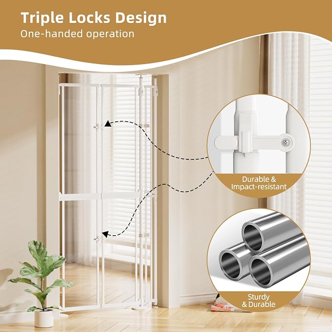 YUFU 75"-98" Extra Tall Cat Gate, Clear Width Adjustable Dog Gate for Doorways, Stairs, Hallways, Auto-Close No Drilling Pet Safety Gate Transparent Barrier for Dogs Cats (White)