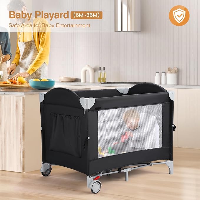 JOYMOR 4 in 1 Pack and Play, Baby Bedside Bassinet, Sturdy Play Yard with Padded Mat and Music Bar with Soft Animals
