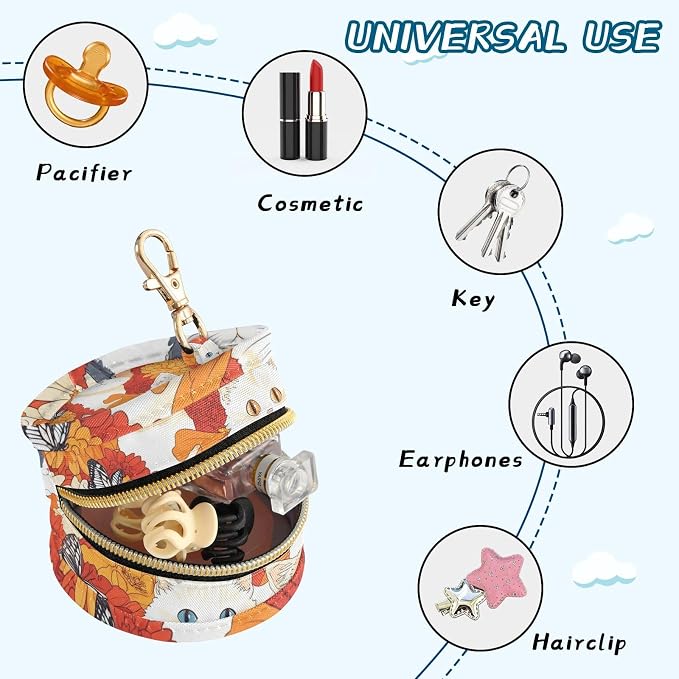 Pacifier Holder with Clip Pacifier Case for Diaper Bag Round Baby Pacifier Pouch Box Bag Portable Orange Chrysanthemum and Cute Cats Butterflies