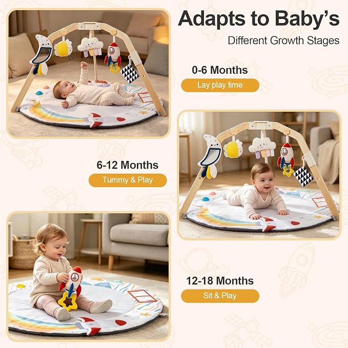 Baby Play Gym Activity Mat with Multiple Developmental Zones, Stage-Based Play for Infant Motor Skills, Detachable Sensory Toys, Easy to Install & Clean, Baby Essentials Shower Gift