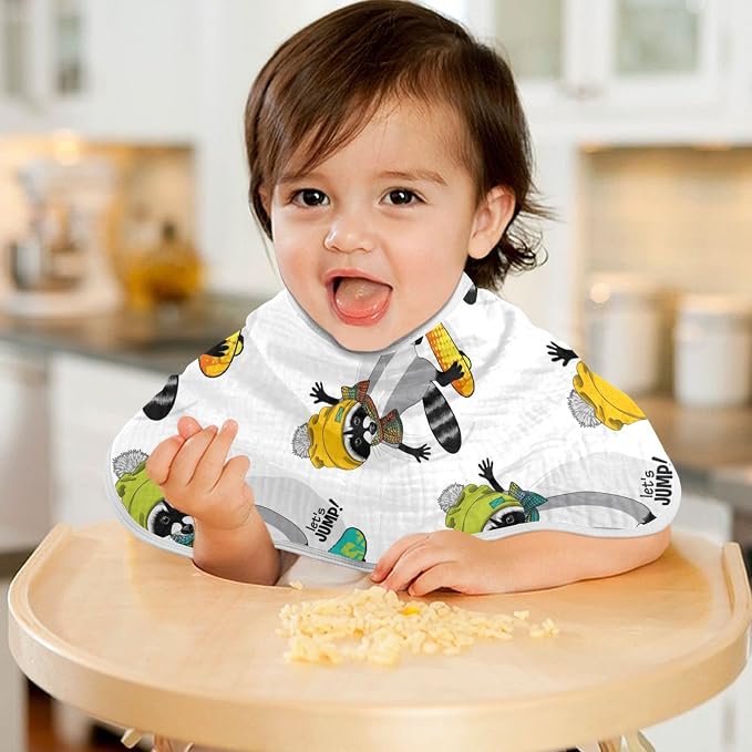 Raccoon and Skateboard Pattern Muslin Burp Cloths for Baby 1 Pack 100% Cotton Baby Washcloths Bibs for Boy Girl