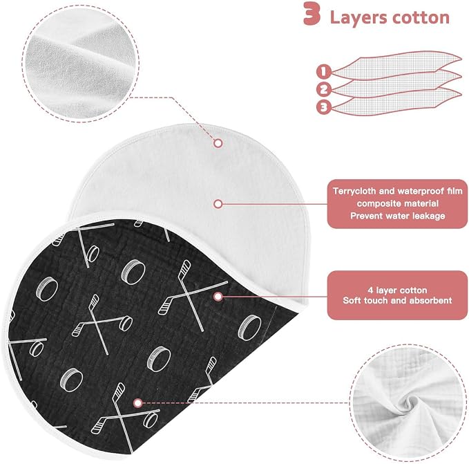 2 Pack Muslin Burp Cloths Ice Hockey Black Print Cotton Baby Burp Cloths Ultra Absorbent Burping Cloth Soft Spit Up Rags for Newborn Must Haves, Large 22" x 11"