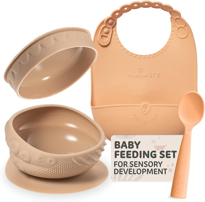 Miniware Sensory Starter Set with Sensory Baby Bowl, Baby Spoon, Roll & Lock Bib - Easy to Clean Baby Feeding Set to Promote Self-Feeding- Toddler Feeding Essentials - Almond Butter