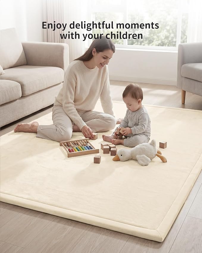 Goyuu Ultra Soft 1.3" Thick Baby Play Mat for Floor, 50x50 Playpen Mat Elasti-Foam Padded Crawling Mat for Babies, Toddlers, Infant, Kids, Non-Slip Backing Safe for Tummy Time, Beige