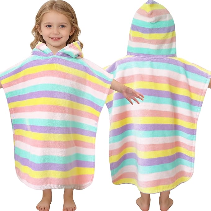VOOVA & MOVAS Hooded Toddler Towel, 100% Cotton, Oversized (2-4Years,22"X22"),Absorbent Hooded Poncho Towel for Baby,Perfect for Pool | Swimming | Bath | Beach,Colorful Rainbow Stripe