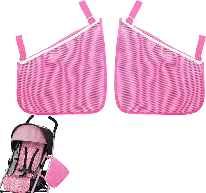 Alovexiong 2 Pack Universal Stroller Organizer Bag, Side Sling Cargo Stroller Net, Non-Slip and Adjustable Straps Storage Mesh Bag for Baby Accessories, Mesh Cargo Net for Stroller Storage - Pink