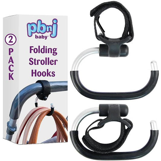 Stroller Hooks for Hanging Diaper Bags - Mommy Stroller Clip and Stroller Accessories Organizer Hook - Large Carabiner Clips for Mom Purse Shopping Grocery Bag and Accessory - (2 Pack) (Foldable)