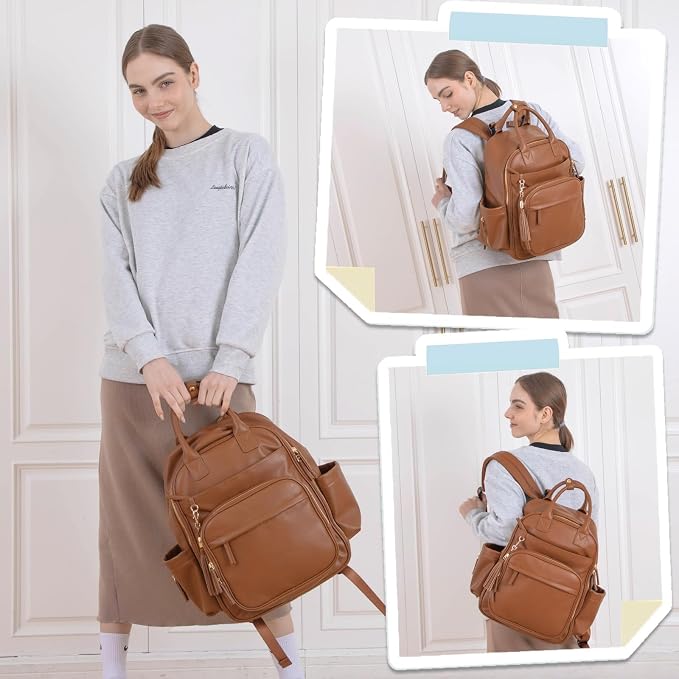 Omanmoli Diaper Bag Backpack,Leather Baby Bag with 16 Pockets,Large Travel Diaper Backpack,Baby Essential Organizer,4 Insulated Pockets,Changing Pad,Brown