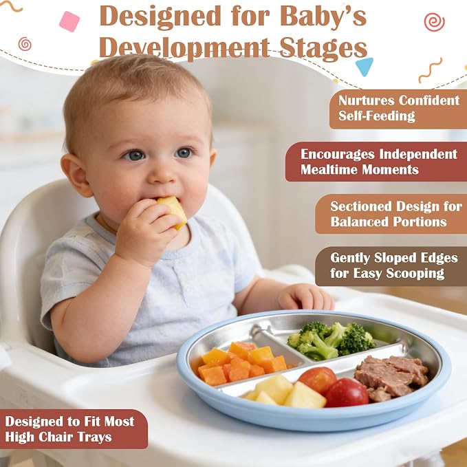 Personalized 3-Piece Personalized Stainless Steel Baby Divided Plates with Suction & Silicone Sleeve, Ideal for Showers & Birthdays,Baby Led Weaning Supplies, Dishwasher Safe (Gray Green Blue)
