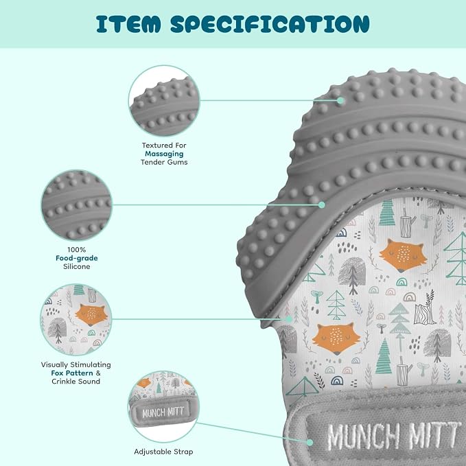 Munch Mitt Patented Teething Mitten Baby Chew Toy - Protects Hands from Chewing & Saliva, Heals Aching Gums, Promotes Sound & Visual Stimulation for Babies - Grey Fox