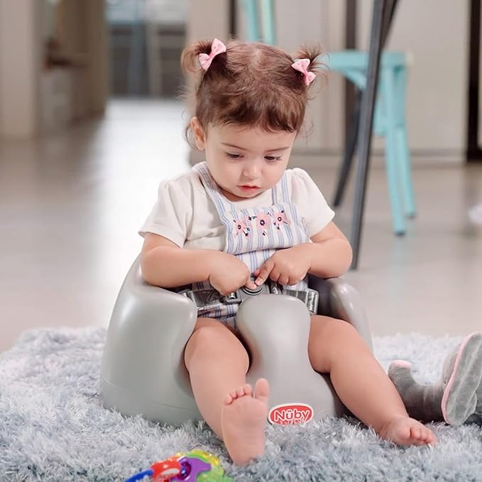 Nuby My Floor Seat - Portable Baby Chair with Soft Foam Cushion, Safety Harness, and High Back Design - 4+ Months - Gray