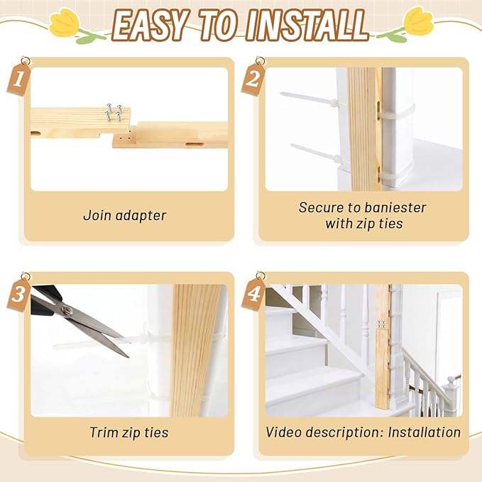 2pcs No Hole Stairway Baby Gate Mounting Kit, Safe Pine Wood Extra Tall Baby Gate Banister Adapter, Fits Posts from 2 3/4 inches to 3 1/2 inches Wide with Square or Round Tops