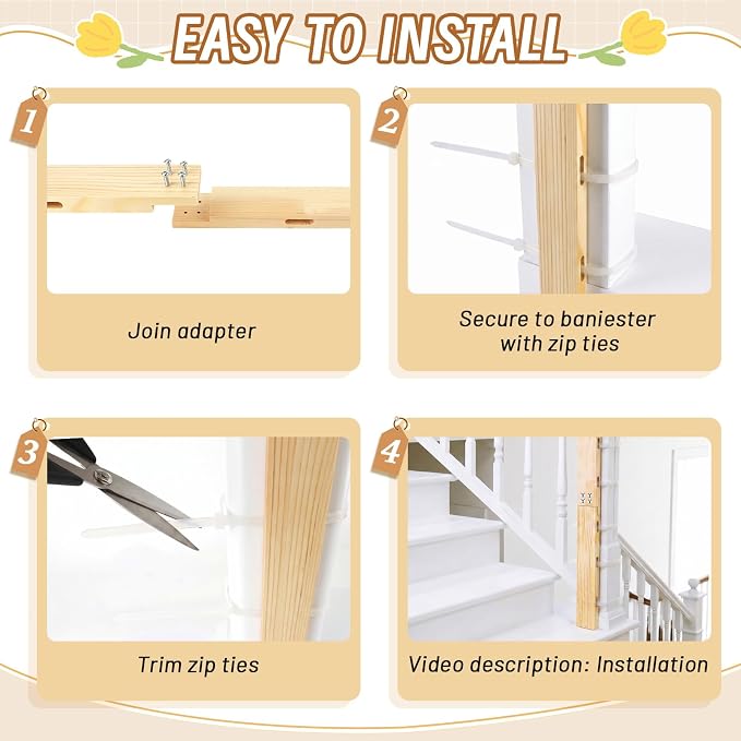No Hole Stairway Baby Gate Mounting Kit,Safe Pine Wood Extra Tall Baby Gate Banister Adapter,Fits Posts from 2 3/4 inches to 3 1/2 inches Wide with Square or Round Tops (33L*1.9W*0.7H)