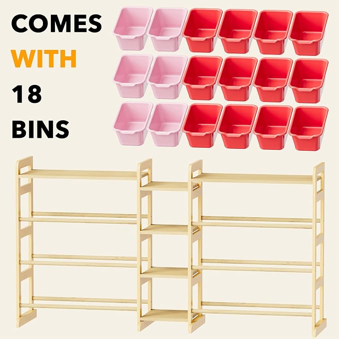 SpaceAid Large Toy Storage Organizer with 6 Shelves and 18 Bins, Book Shelf Organizers Storage Bookshelf, Kids Bin Shelf Box Bookcase for Bedroom Playroom Organization Room Decor, Red and Pink
