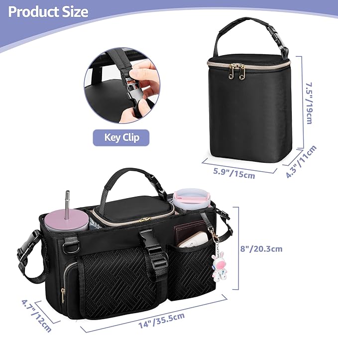 Parent Console Stroller Organizer Compatible with WONDERFOLD W2&W4&X, Wagon Stroller Caddy with 2 Insulated Cup Holders, A Removable Cooler Bag, Black (Empty Bag)