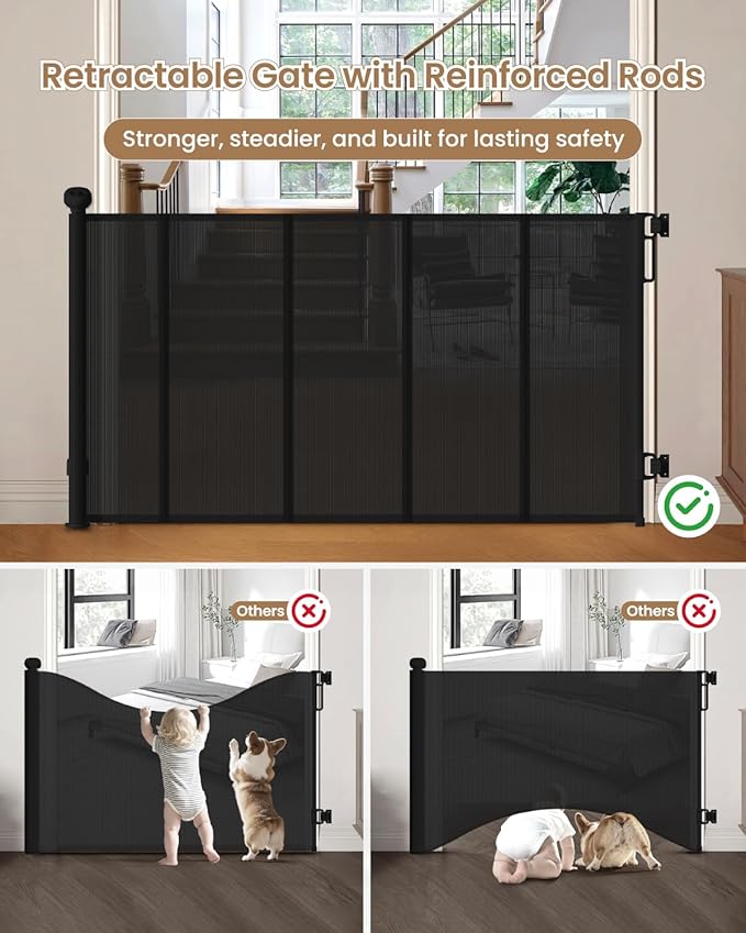 Mesh Dog Gate 71" Wide 34" Tall, Retractable Gate for Dogs with Reinforced Rod Design, One-Hand Operation, Mesh Pet Gate Fits Over Baseboards for Indoor Use, Black