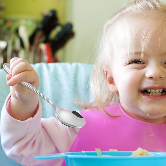 LIANYU 16-Piece Toddler Spoons, Kids Baby Spoons Self Feeding, Stainless Steel Toddler Utensils Silverware Set for 2-10 Year Old, Children Cutlery Flatware Set for Home School, Dishwasher Safe
