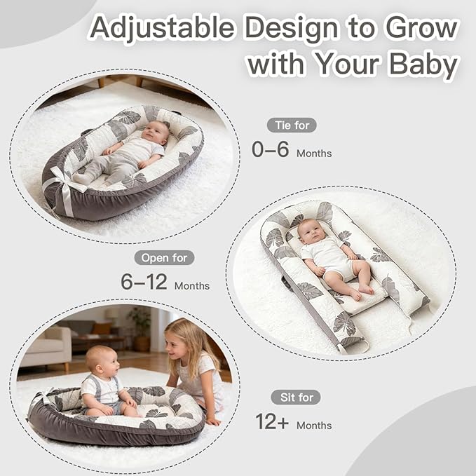 Baby Lounger | Organic Cotton Infant Lounger | Reversible, Adjustable & Portable Floor Lounger | Soft, Breathable, Washable Cover-Grey Leaves