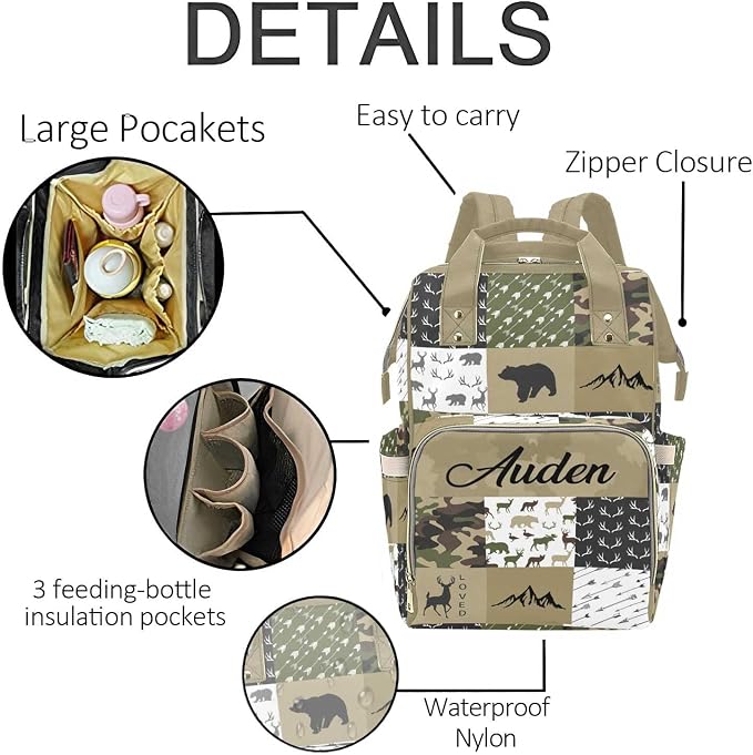 Woodland Deer Bear Baby Diaper Bag with Name – Personalized Nursing Travel Tote Backpack for Mom or Dad, Custom Name Baby Daypack Gift