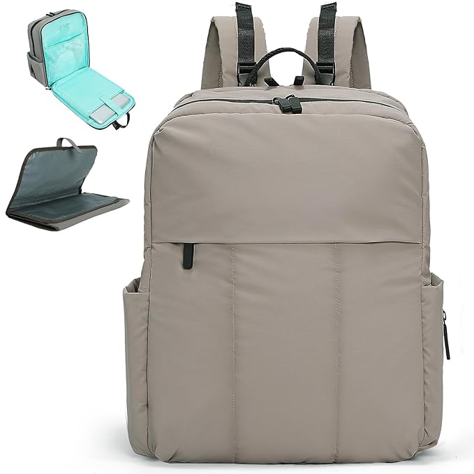 MOMINSIDE Diaper Bag Backpack - Large Puffer Diaper Bag - Neoprene Diaper Bag Quilted Baby Bag, Large Changing Pad, 15 Pockets, Lightweight, Grey