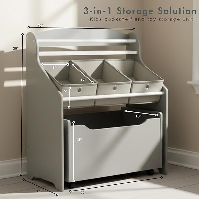 Humble Crew 3-in-1 Kids Bookshelf and Toy Storage Organizer, Grey - Toddler Organizers with Rolling Toy Box and 3 Fabric Bins ??Sturdy Baby Book Shelf, Perfect for Nursery and Playroom