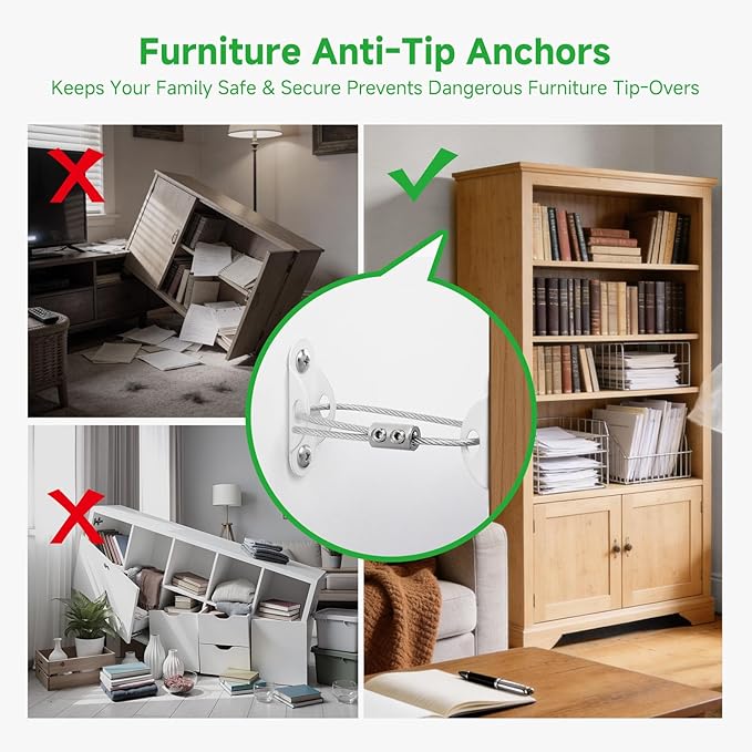 Heavy Duty 4 Pack Anti Tip Furniture Anchors for Baby Proofing, Suitable for Drywall and Solid Walls, Metal Furniture Wall Anchor, Earthquake Straps(White)