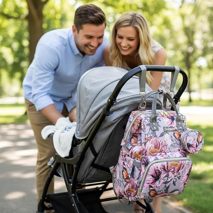 Floral Diaper Bag Backpack with Coin Bag USB Charging Port Stroller Straps and Insulated Pocket,Travel Nappy Backpack For Women/Mom (Grey Pink Flower Pattern)