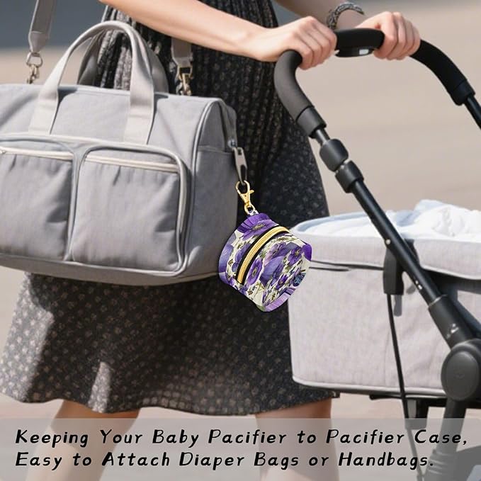 Pacifier Holder with Clip Pacifier Case for Diaper Bag Round Baby Pacifier Pouch Box Bag Portable Purple Anemone Bee Butterfly