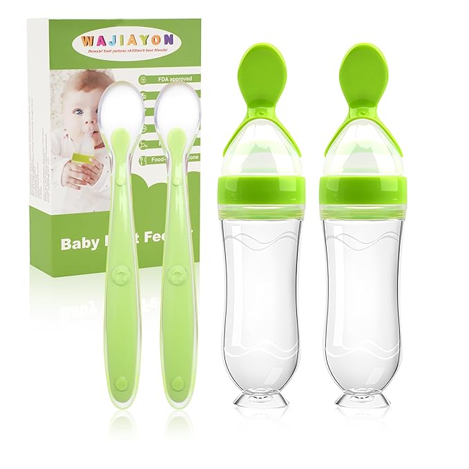 WAJIAYON Baby Food Feeder 4 Pack Silicone Baby Food Dispensing Spoon-3 oz Squeeze Feeding Spoons with Suction Cup for Boys Girl Kids Toddlers - Self Feeding Bottle Spoon-Green