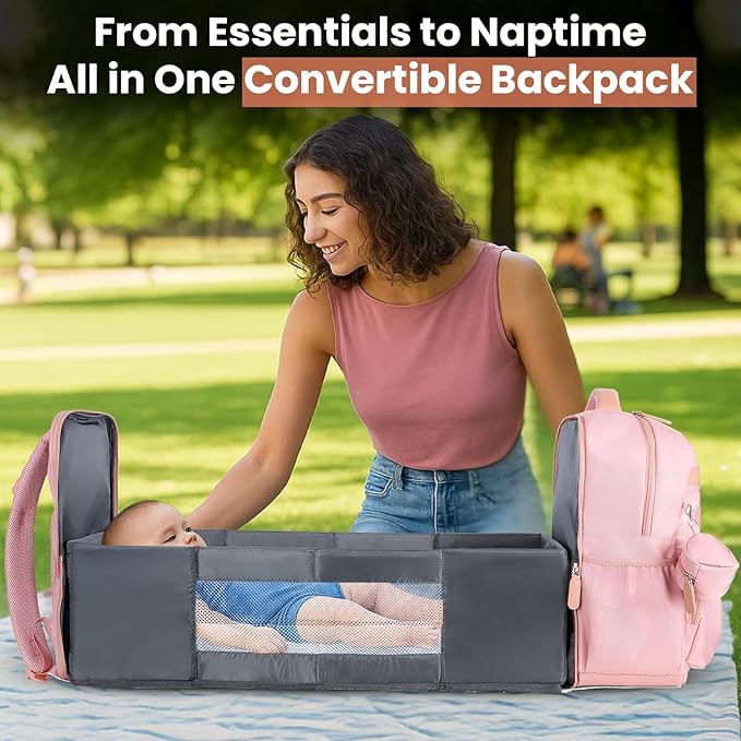 Baby Diaper Bag Backpack with Changing Station, 28Liters Capacity Nylon Baby Registry Mom Bags, Travel Friendly Unisex Bag, Essential Bag with Insulated Pockets, Pink