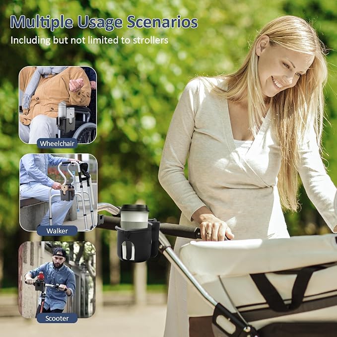 Universal Stroller Cup Holder with Phone Holder, 360°Rotatable Bottle Holder with Strong Clip, Accessories for Stroller, Bike, Wheelchair, Walker, Scooter (UM-SCH-B2410, Large)